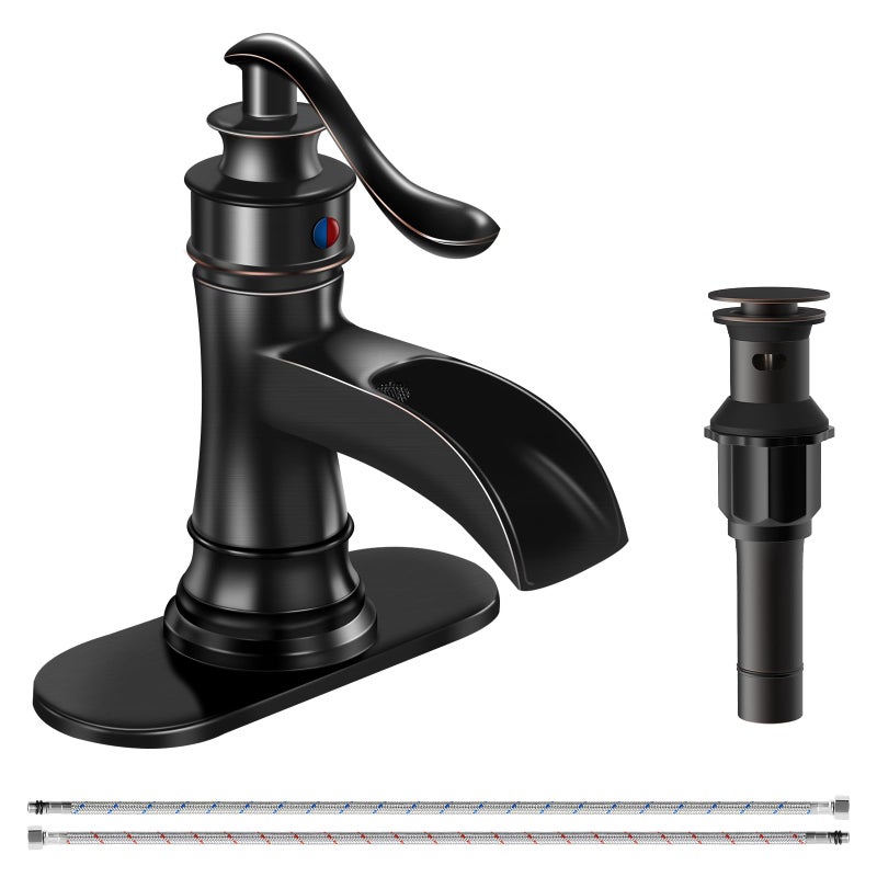 BATHFINESSE Waterfall Bathroom Faucet 1 Hole Oil Rubbed Bronze Bathroom Sink Faucets Farmhouse Lavatory Vanity Bath Deck Mount Single-Handle One Hole Mixer Tap with Pop Up Drain Supply Lines Hose by Bathfinesse - Image 1